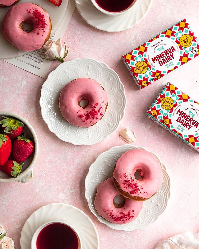 Baked Strawberry Rose Donuts flatlay