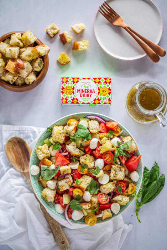 Summer Panzanella Salad with Garlic Butter Croutons Finished