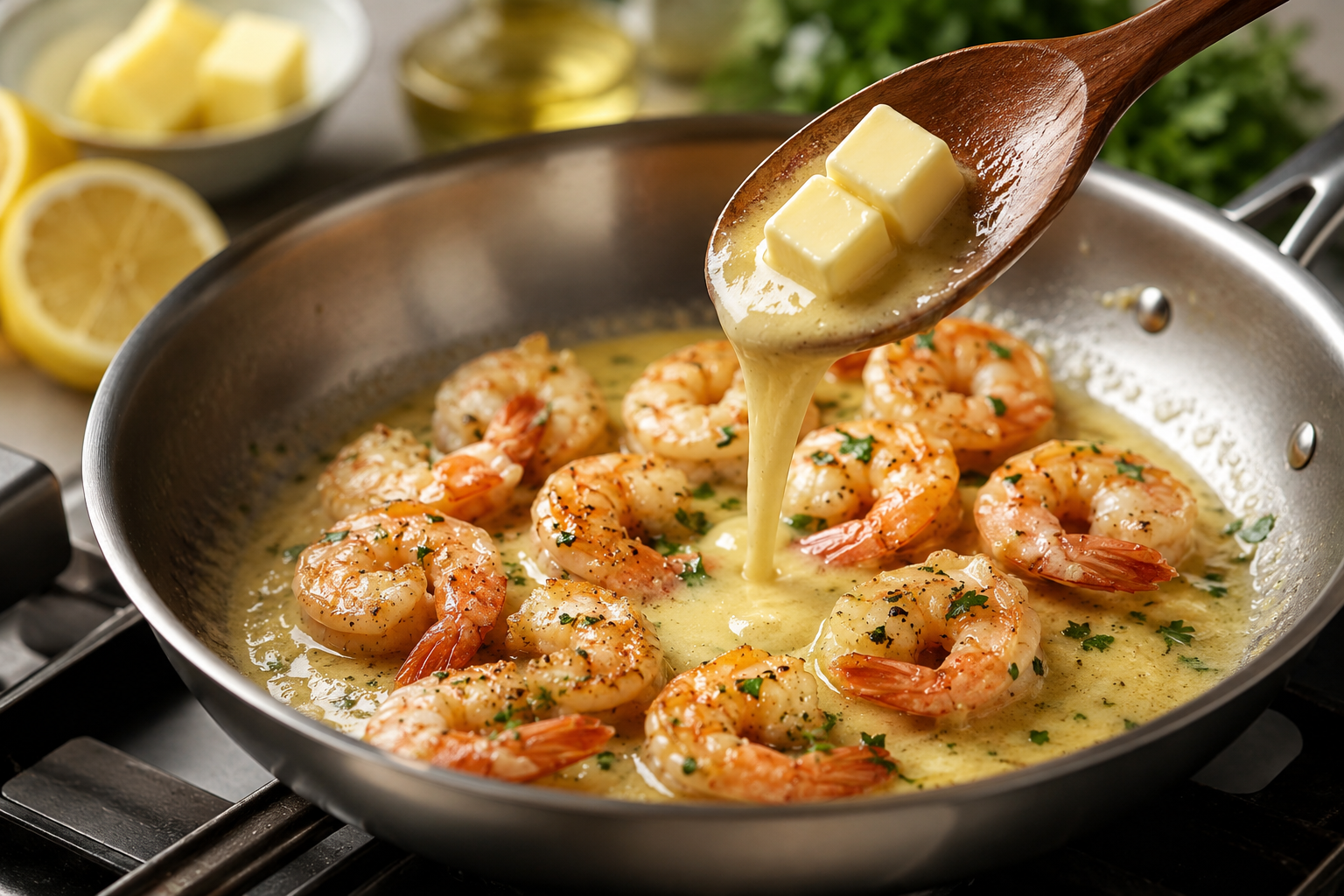 Sautéed shrimp in buttery sauce