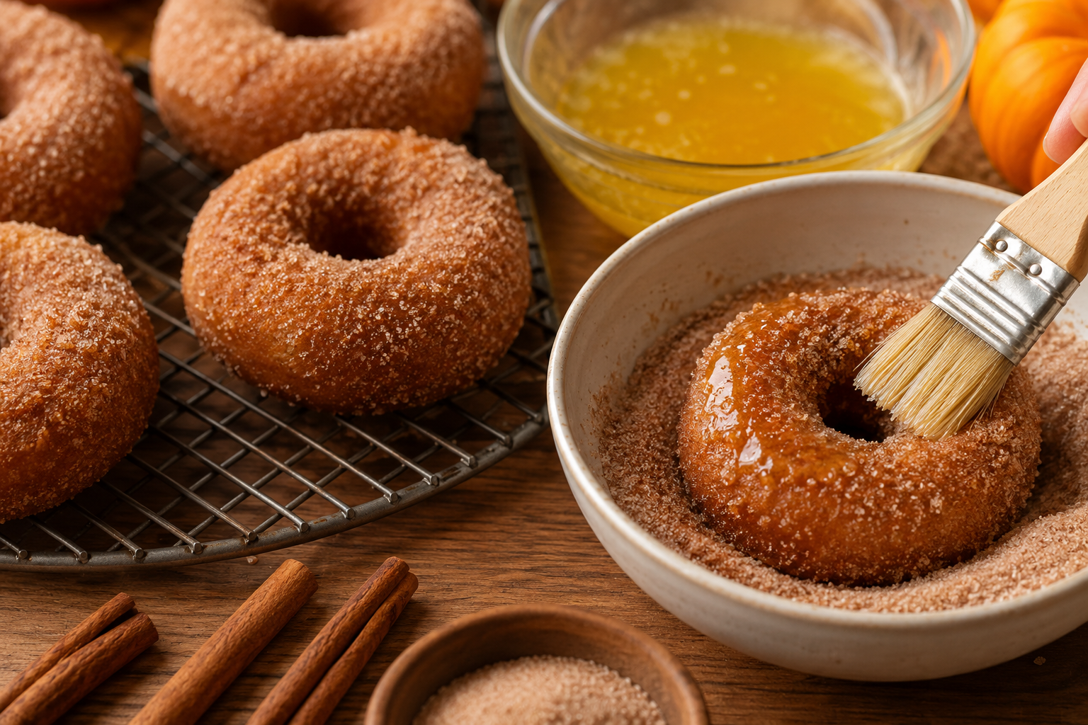 Autumn donut glazing and baking scene